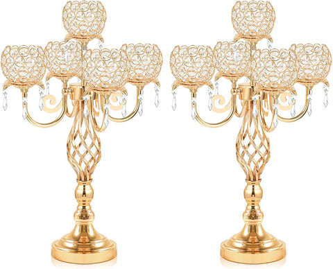 5-Arm Crystal Candelabra Centerpiece 23.2" Tall - Elegant Candle Holder Stand with Crystal Bowl, Chic Table Decor for