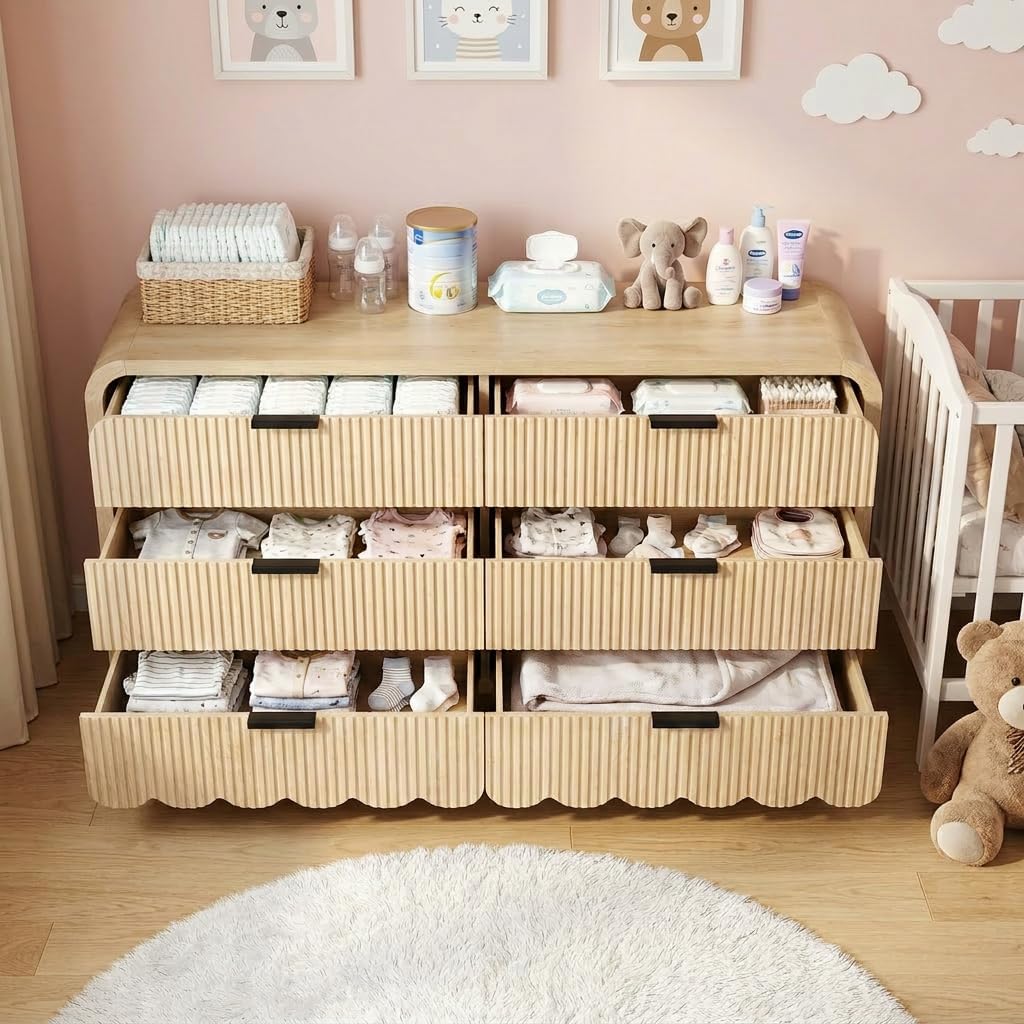 59" Scalloped Dresser ,Fluted 6 Drawer Wooden Dressers,Boho Long Dresser Kids Room, Living Room