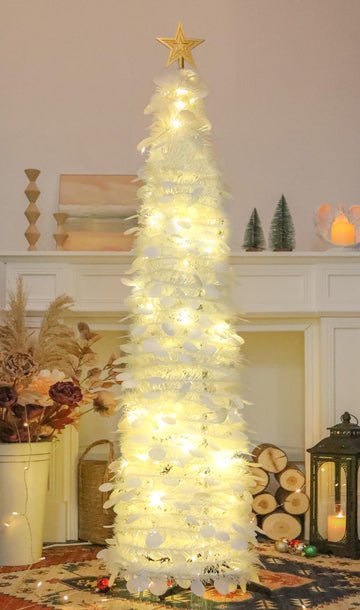 5 FT Pop Up Christmas Tree with Timer Lights, White Christmas Tinsel Tree, Collapsible Artificial Pencil Christmas