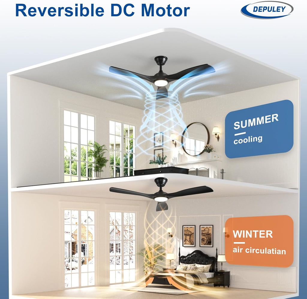 52-Inch Ceiling Fan with Light: Black 3 Blade Outdoor Fans for Patios - Dimmable Indoor Fan with Remote APP Control Ultra Quiet DC Motor Reversible 6 Speed Timer