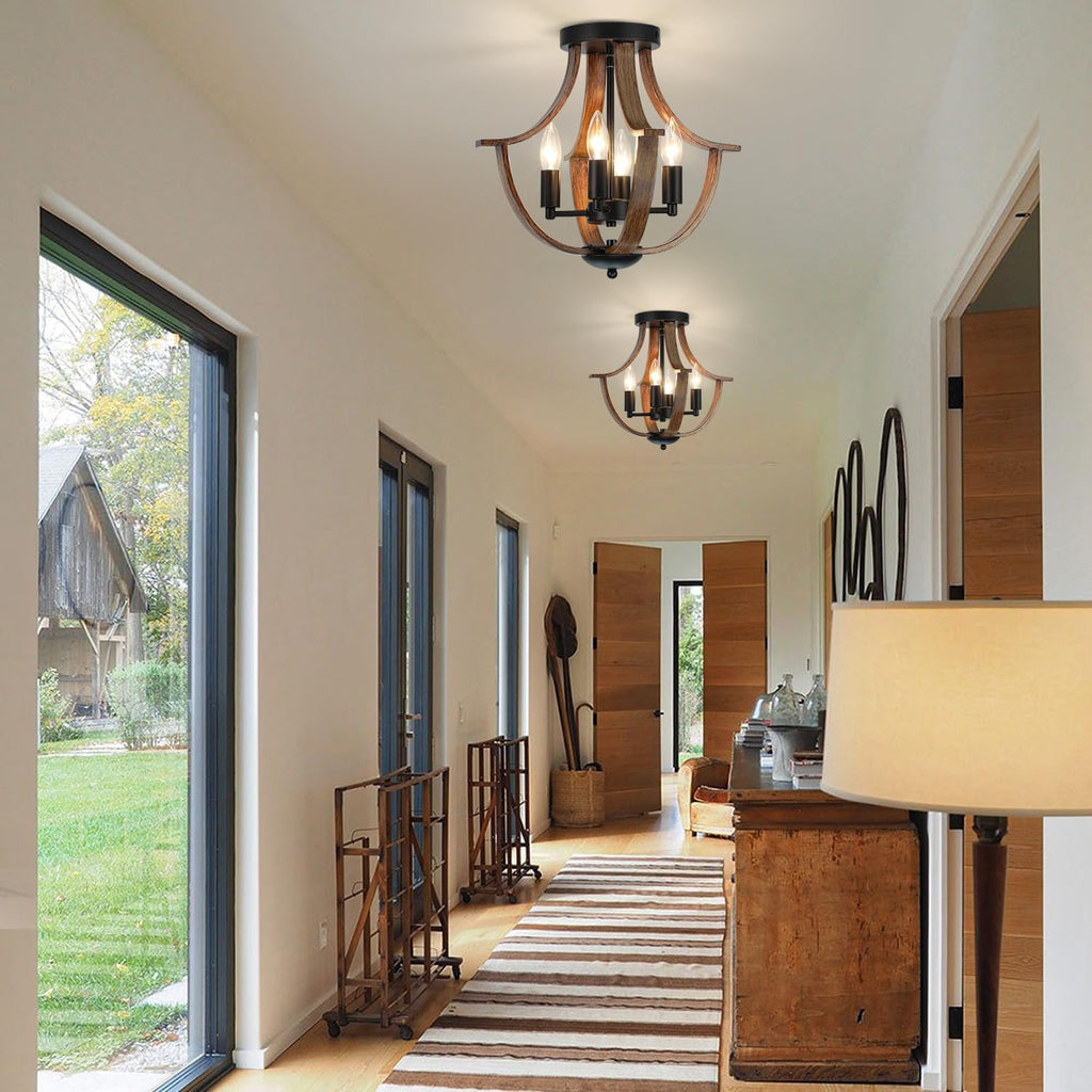 Farmhouse Hanging Pendant Lighting, 4-Light Rustic Flush Mount Ceiling Light Fixture,Modern Faux Wood Vintage