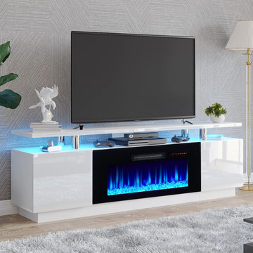 Fireplace TV Stand with 36" Fireplace, 70" Modern Fireplace Entertainment Center LED Lights, 2 Tier TV Console