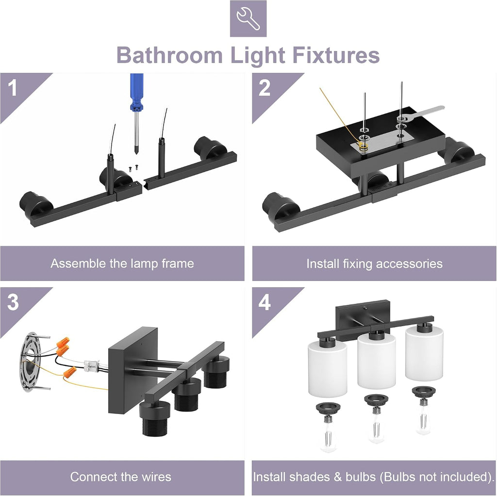 Bathroom Light Fixtures Black, 3-Light Vanity Lights Over Mirror | Modern Bathroom Vanity Light, Frosted Shades