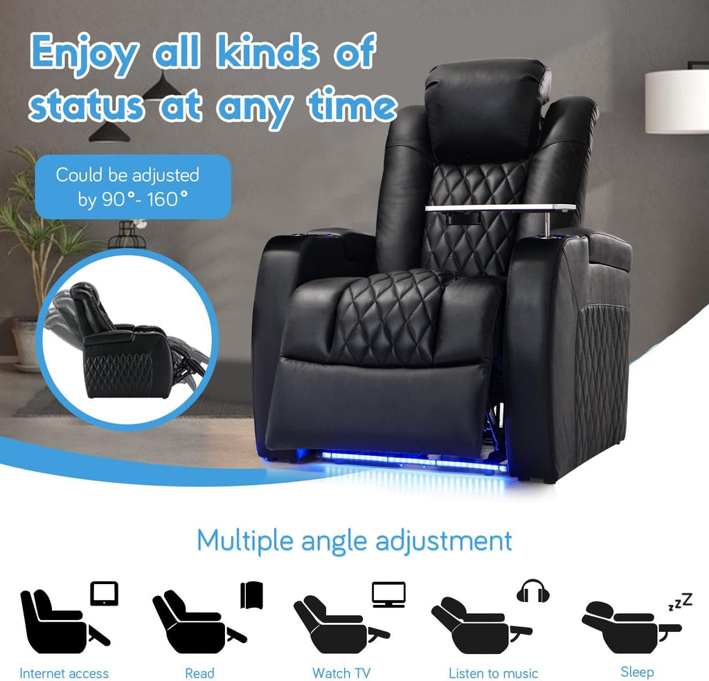 Home Theater Seating Top Grain Nappa Leather Recliner Chair Dual Power Movie Gaming Sofa Electric Headrest with Tray
