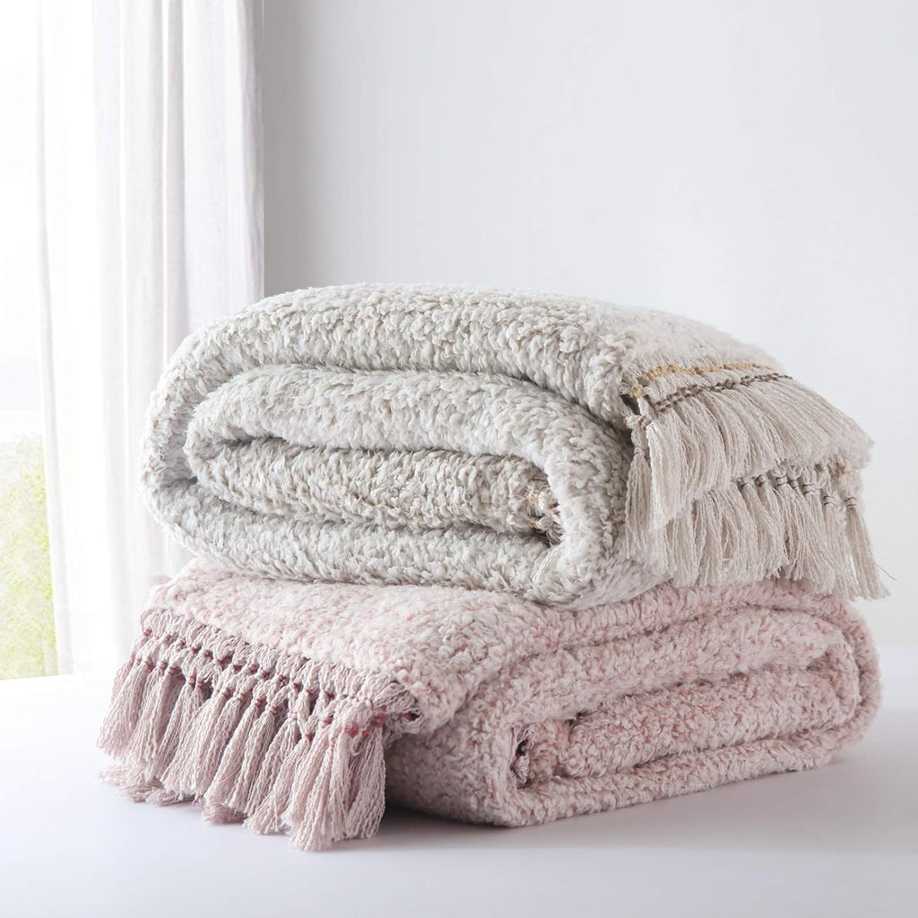 Ultra Soft Cozy Throw Blanket with Tassel, Light Weight Warm Decorative 2 Tones Ombre Light Brown Pattern Reversible