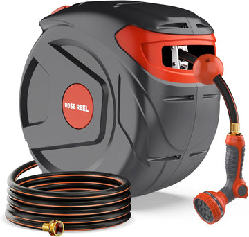 1/2 Inch 100FT Retractable Garden Hose Reel Wall-Mounted 180° Swivel 9-Patern Nozzle Automatic Slow Return Any Length