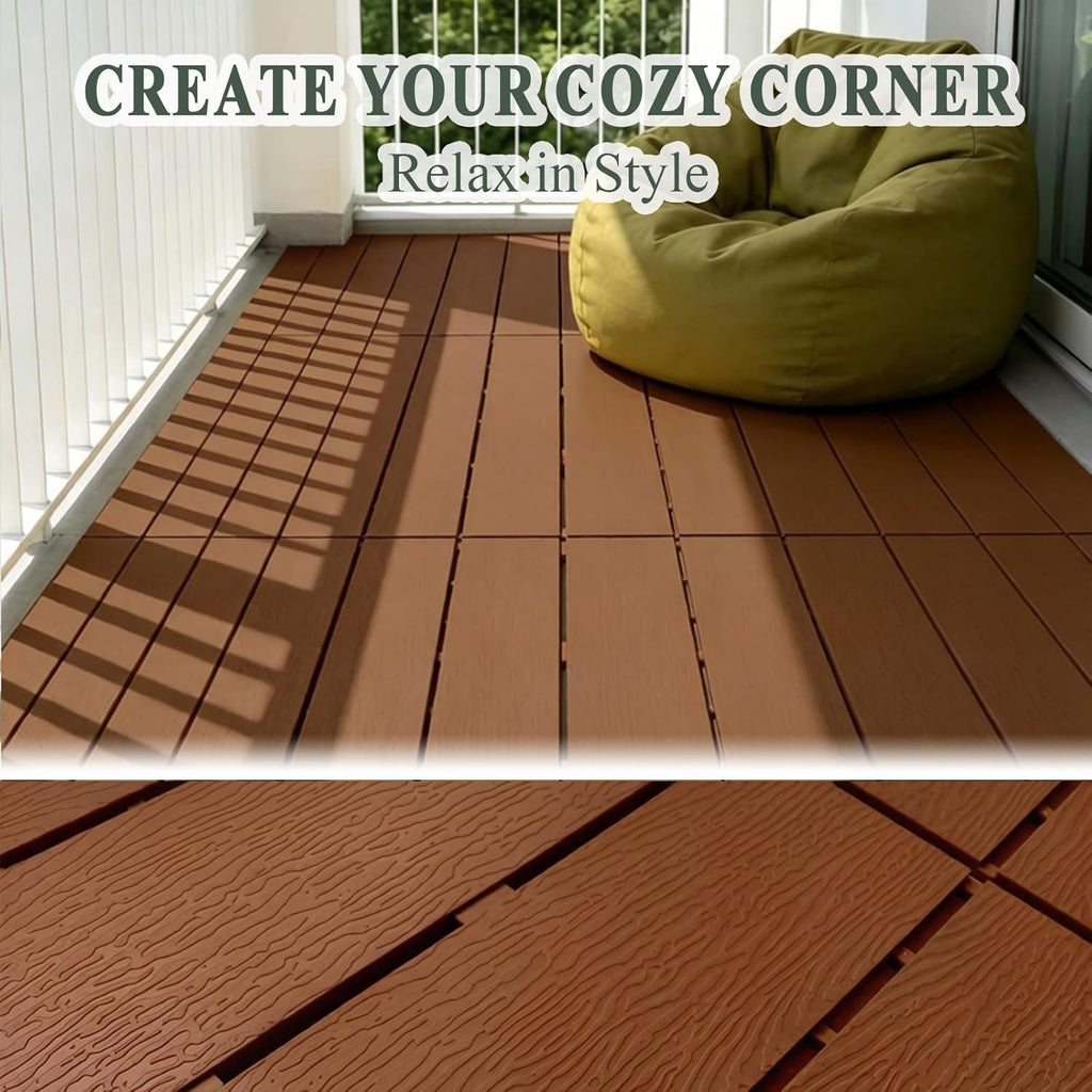 Plastic Interlocking Deck Tiles 24"x13"(6-Pack) Outdoor Patio Flooring, Waterproof All-Weather Decking for Balcony