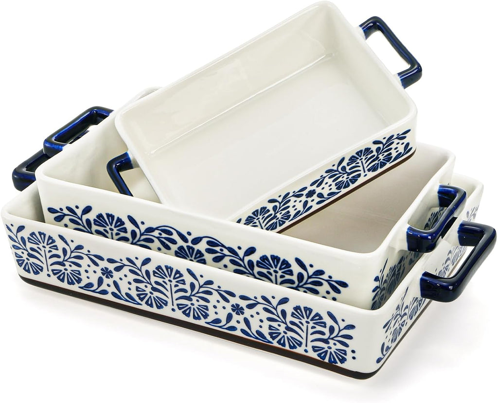 3 Pack Rectangular Ceramic Dish Set for Oven, Hand-Painted Floral Design Non-Stick and Stackable Casserole Dish with