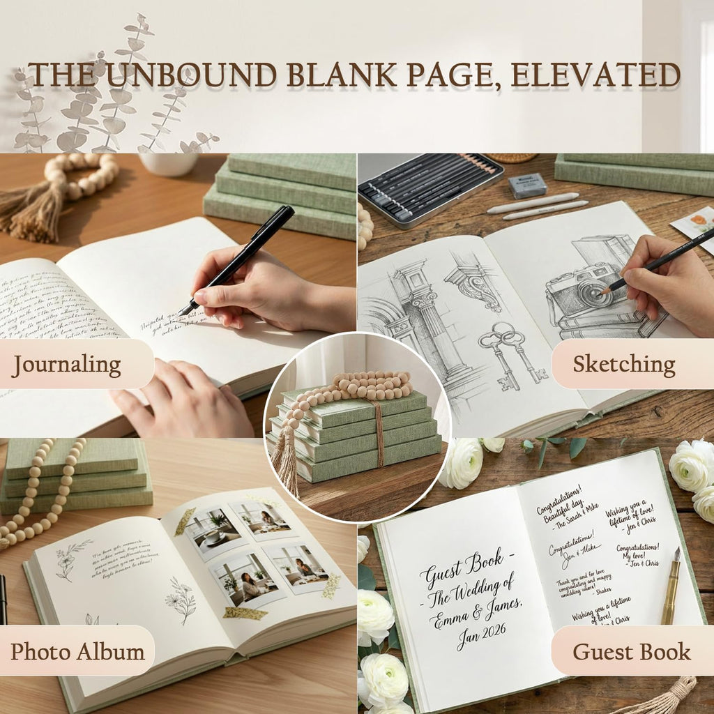 Decorative Books Decor-Set of 4 Real Linen Decorative Books, Stacked Books with Wood Bead Garland, Jute Twine & Satin