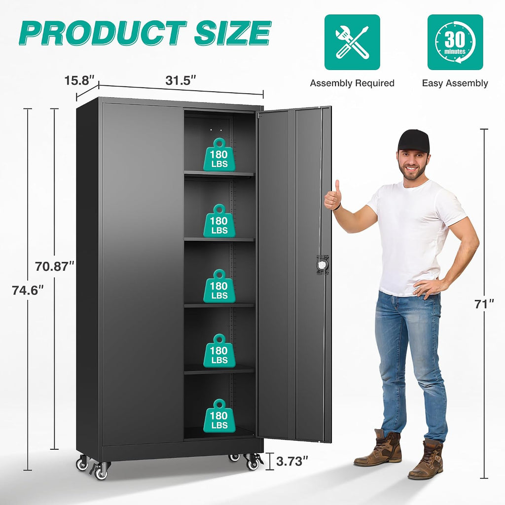 Metal Storage Cabinet with Wheels,75 inch Tall Rolling Garage Storage Cabinet with Lock,Black Metal Cabinets with