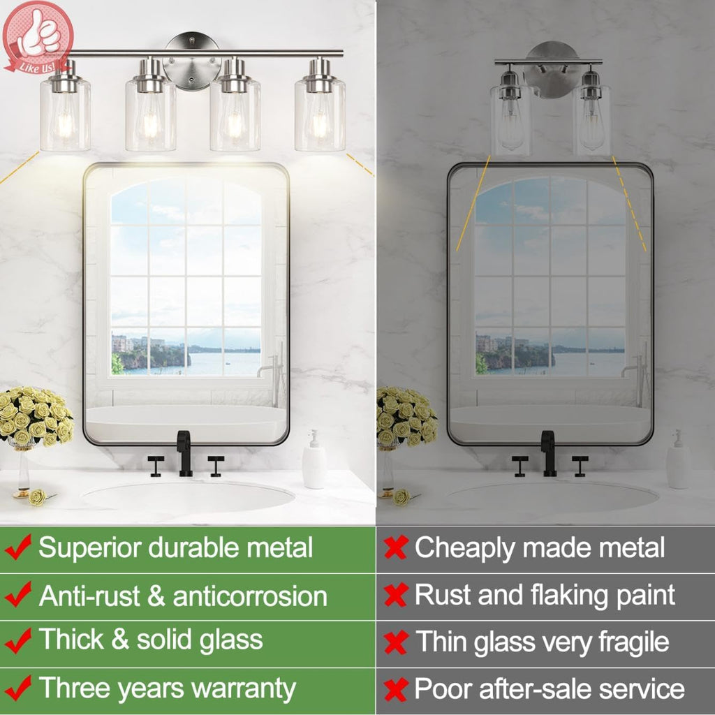 4-Light Bathroom Light Fixtures, Brushed Nickel Modern Vanity Lights Over Mirror with Clear Glass Shade, Bathroom