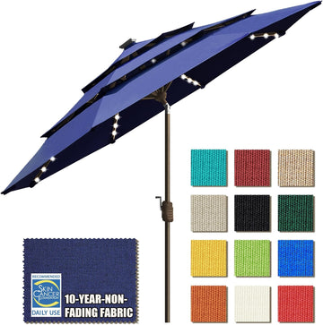USA 10-Year-Non-Fading 9ft 3-Tier Market Patio Umbrella, Commercial Table Umbrella with 80 Solar LED Lights - Navy Blue
