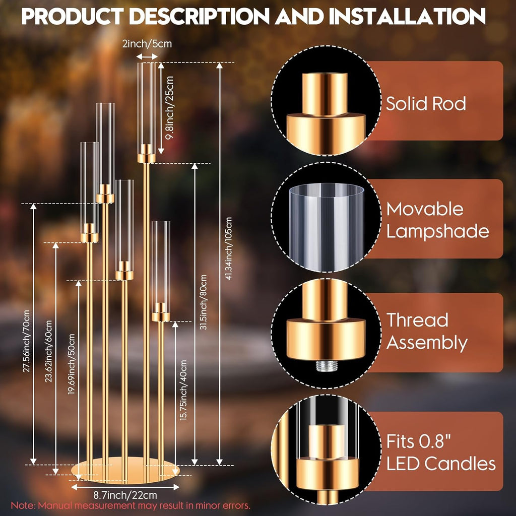 4 Set 5 Arm Gold Candle Holder, Mjkeomo 41.3'' Tall Candelabra Centerpieces for Tables Gold Candlesticks Holder for