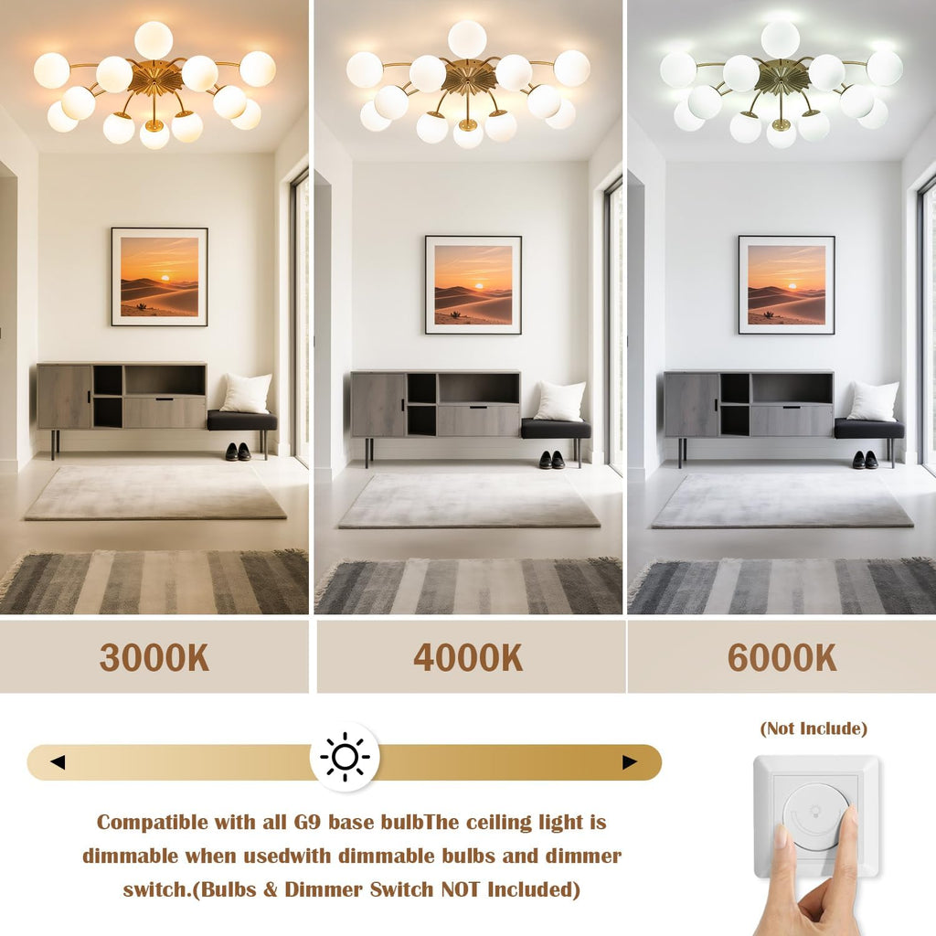 12-Light Milk Glass Pendant Light, 40" Sputnik Bubble Glass Chandelier Light Fixture, Hand Blown Semi Flush Mount