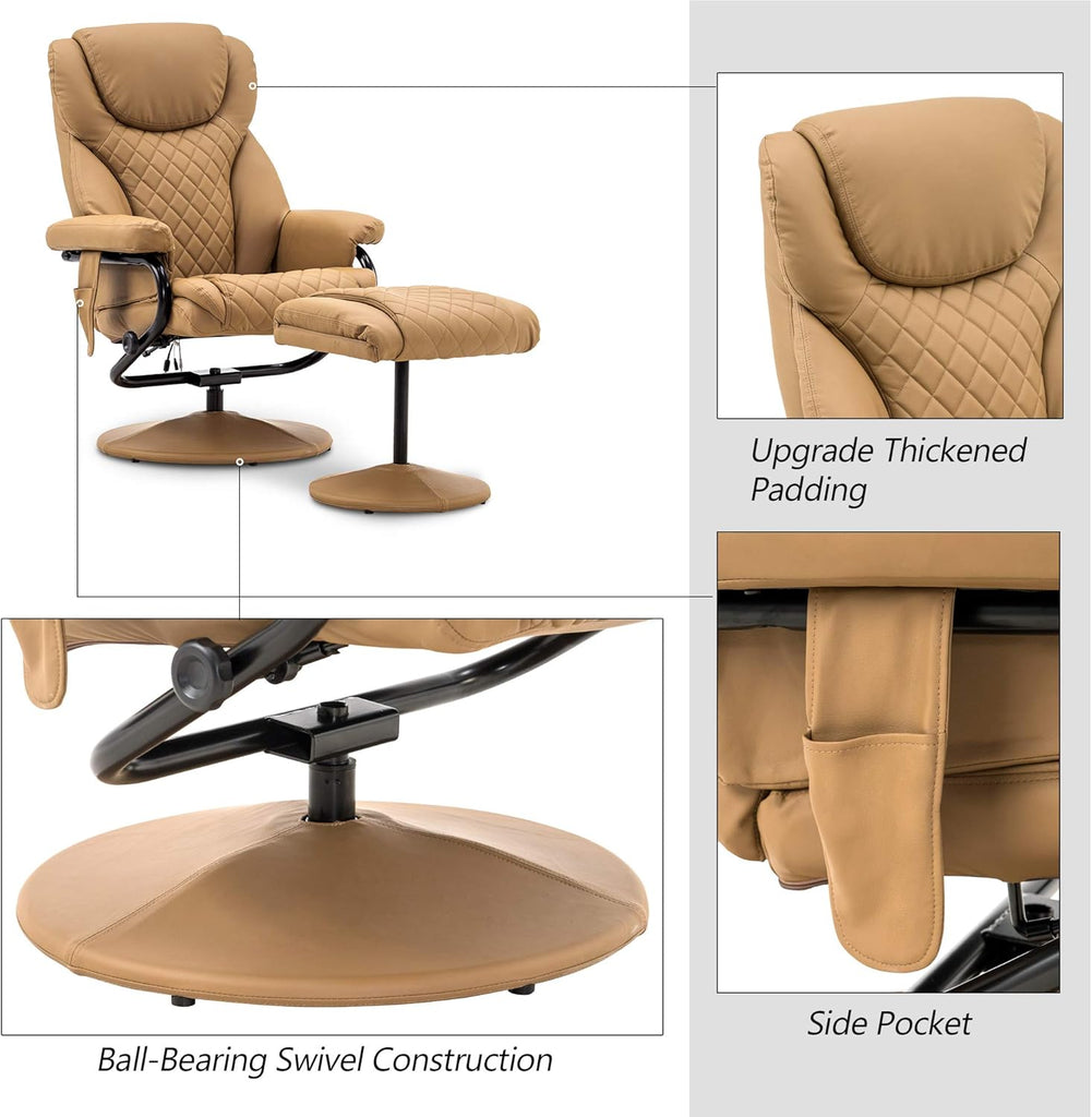 Modern Reclining Swivel Lounge Chair and Ottoman — Cognac Faux Leather