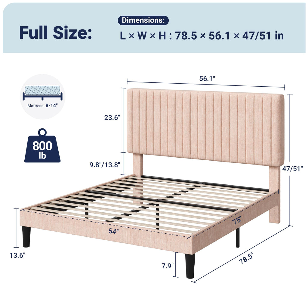 Full Bed Frame, Upholstered Platform Bed with Adjustable Vertical Channel Tufted Headboard, Mattress Foundation with