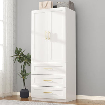White Armoire Wardrobe Closet: 75" Large Wardrobe Closet with 3 Drawers, Bedroom Armoires with 2 Doors, Wooden Tall