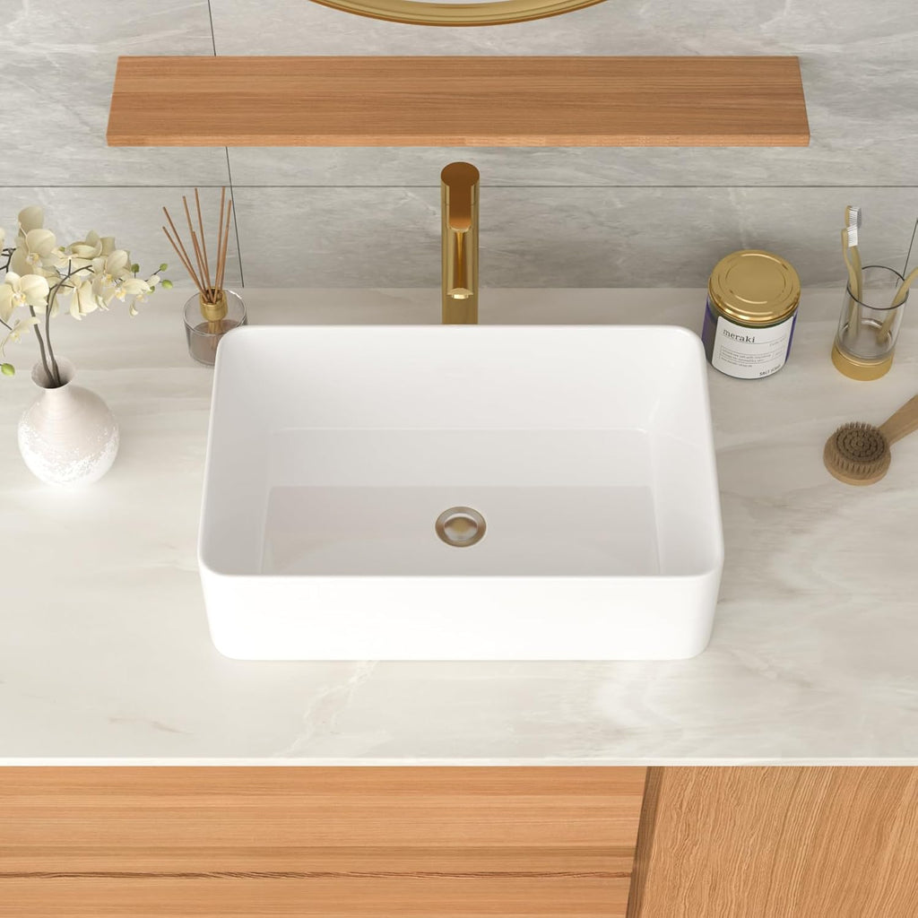 Rectangular Bathroom Vessel Sink 21"x14" Rectangle Above Counter White Porcelain Ceramic Vessel Vanity Sink Art Basin