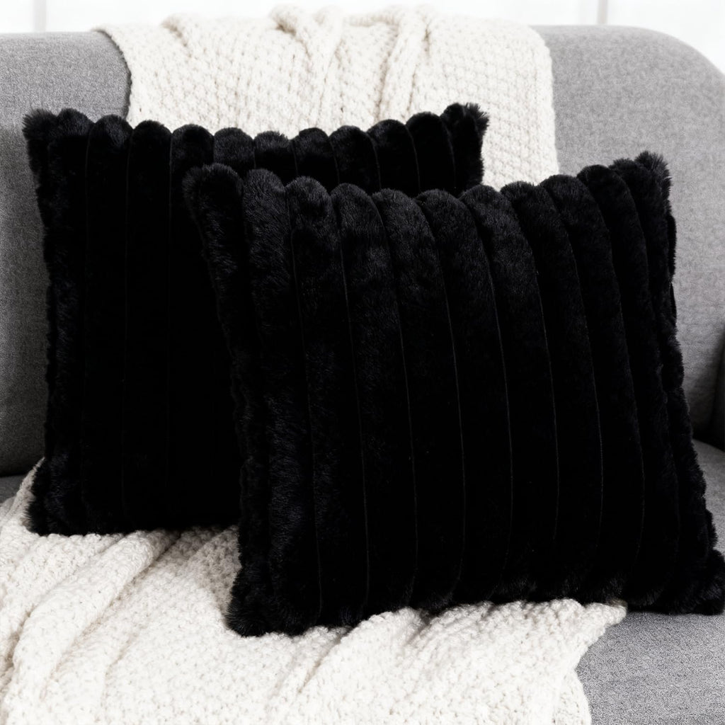 2 Pack 16x16 Double-Sided Faux Fur Pillow Covers, Plush Throw Pillow Covers, Throw Pillow Cover Cushion Cover, Black