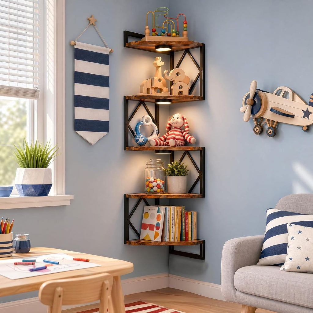 Corner Shelf Wall Mounted: 5-Tier Floating Shelves with Lights , Rustic Brown