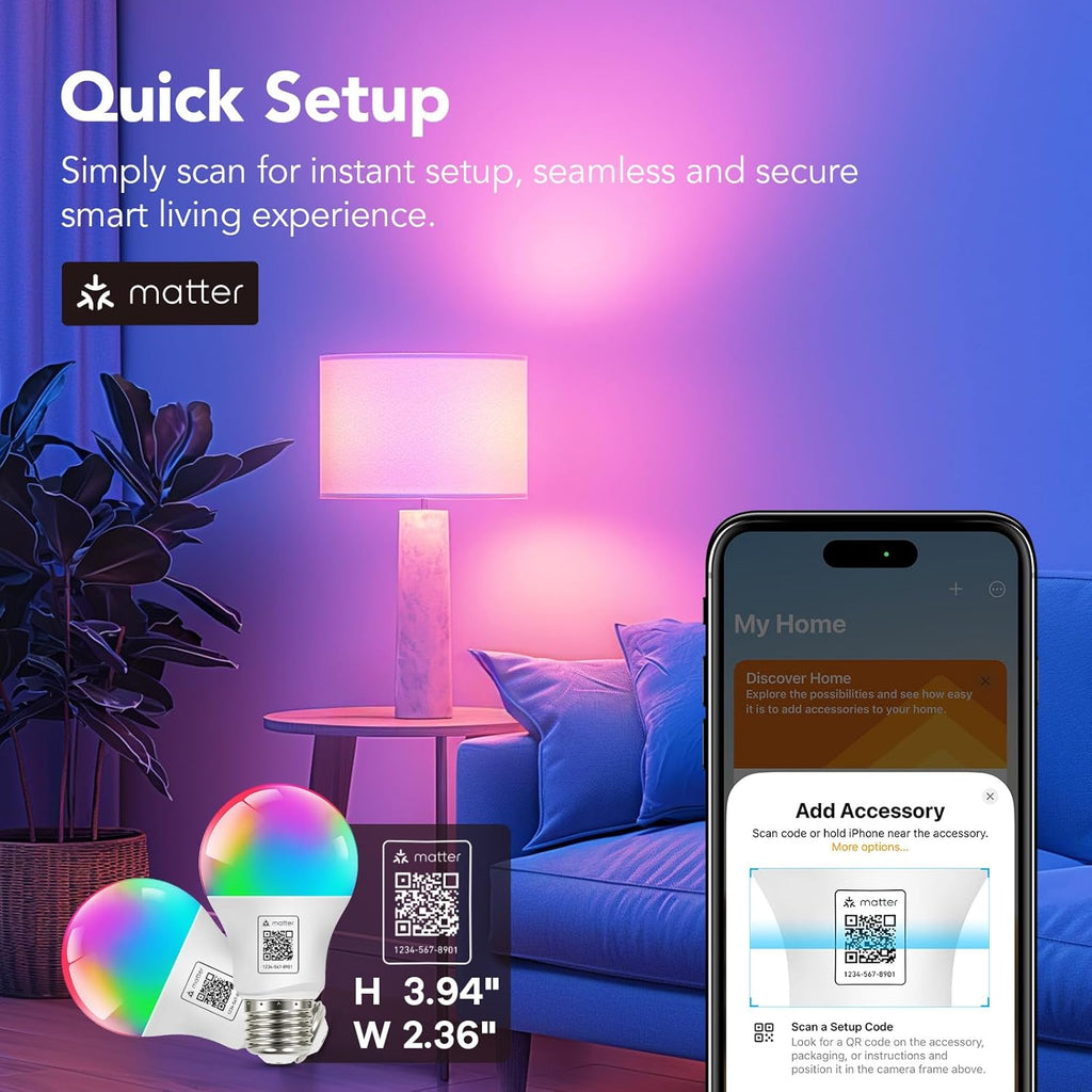Matter Smart Light Bulb, Smart Light Bulbs Work with Apple Home, Alexa, Google Home, SmartThings, A19 Color Changing