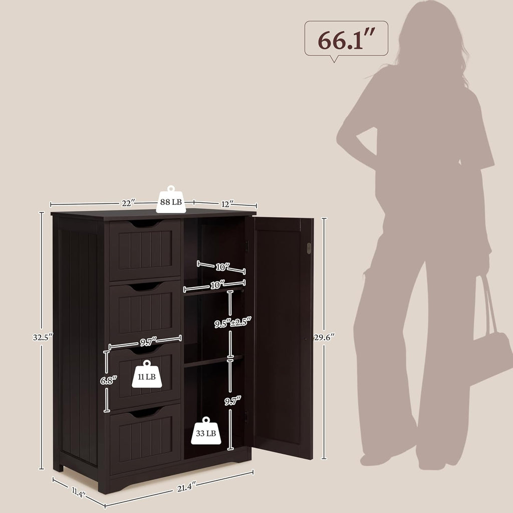 Small Bathroom Storage Cabinet with 4 Drawers & Door, Espresso | Floor Cabinet Organizer , 3-Position Adjustable