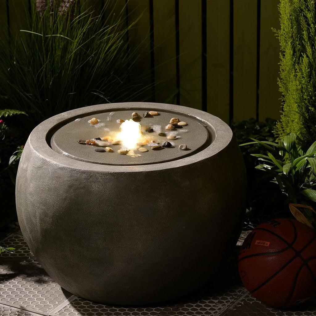 Garden Water Fountain Outdoor Large Round Bubbler Water Feature Indoor with Lights & Pump and Pebbles Concrete Effect