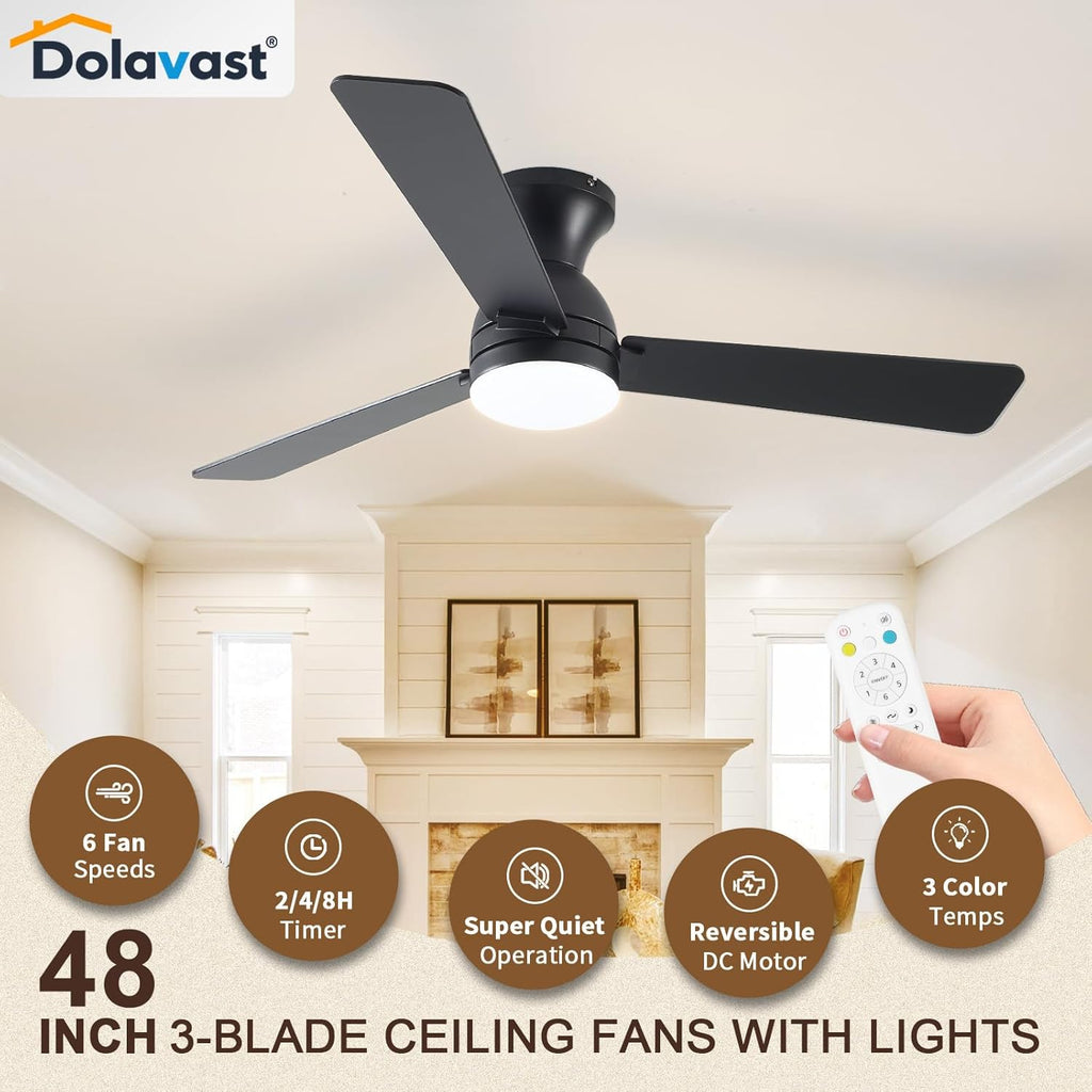 Ceiling Fans with Lights, 48 inch Low Profile Ceiling Fan with Light and Remote Control, Flush Mount, Reversible
