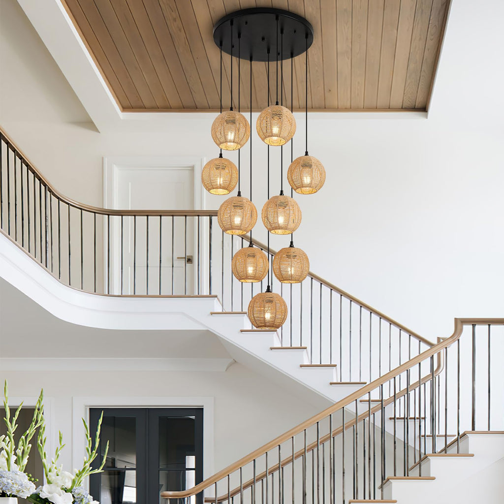 Round 9 Light Boho Pendant Light Rattan Hanging Lamp