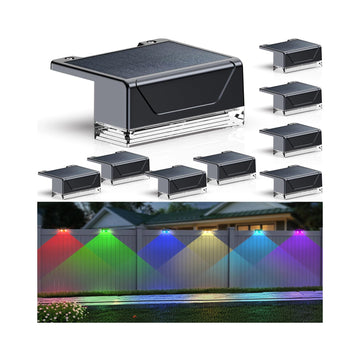 8PK Solar Fence Lights Outdoor - Warm White & RGB 6 Color, Dusk to Dawn Deck Light, IP65 Waterproof Garden Lights