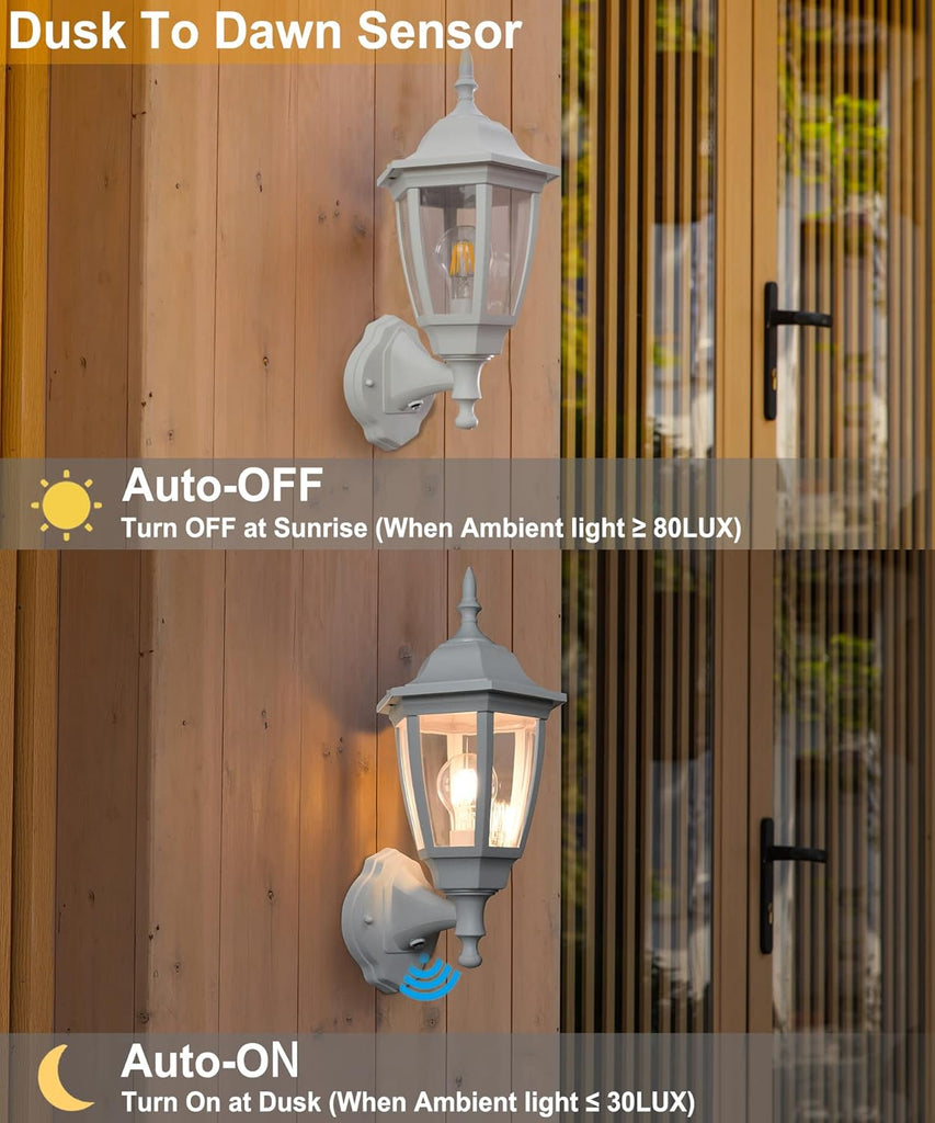 Outdoor Wall Light Dusk to Dawn, Porch Sensor Light White Plastic Anti-Corrosion with LED Edison Filament Bulb