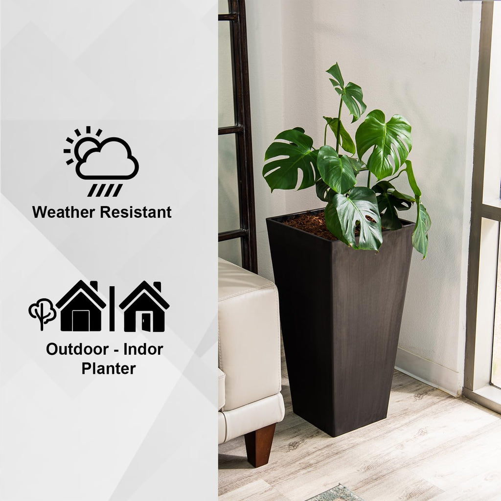 Modern 30-Inch Tall Square Planter, Modern Tapered, Perfect for Indoor & Outdoor, Patio Décor, Set of 2, Black