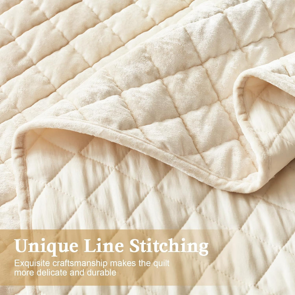 Luxury Velvet Quilt Set King, Lightweight Oversized Bedspread Coverlet Quilted Box Stitch Bedding Set, with 2