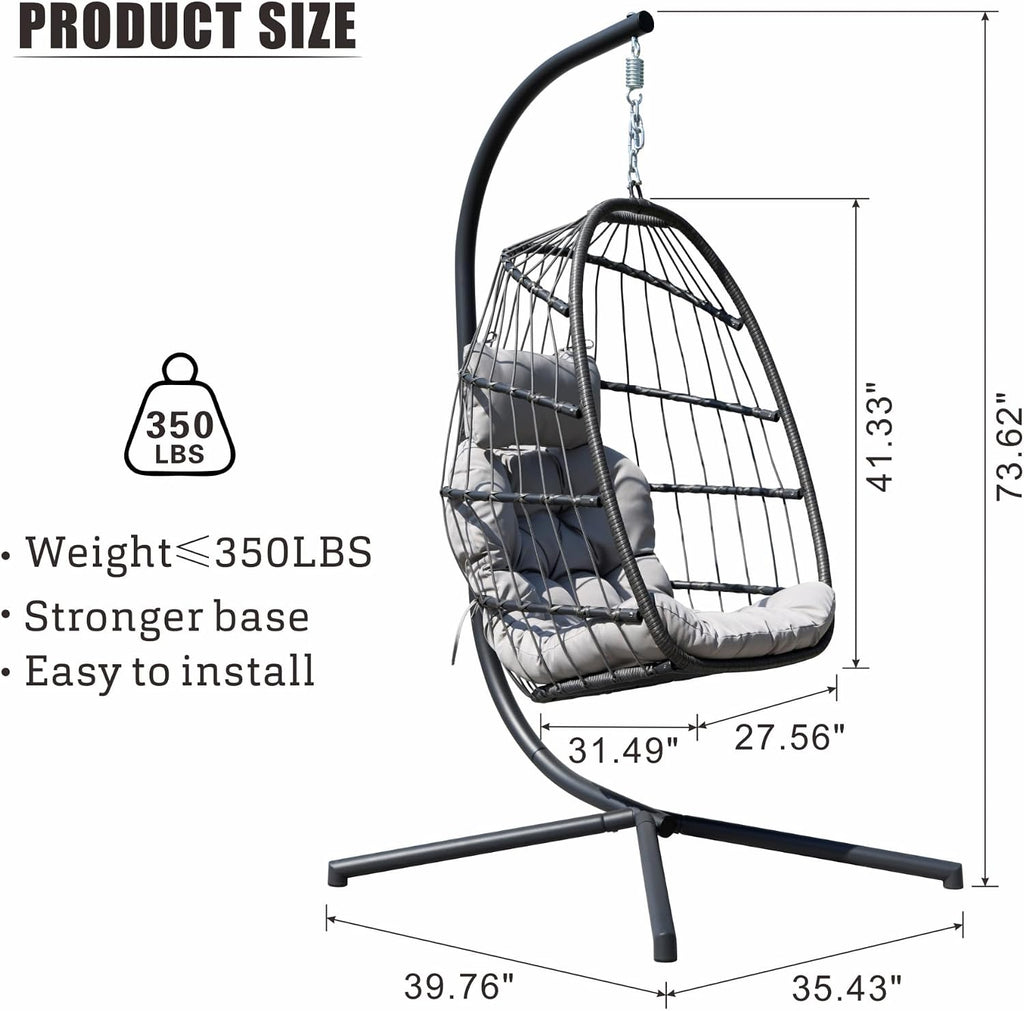 Hanging Egg Chair with Stand, Patio Wicker Egg Swing Chair with Cushion Garden Indoor Outdoor (Grey) | Patio Wicker