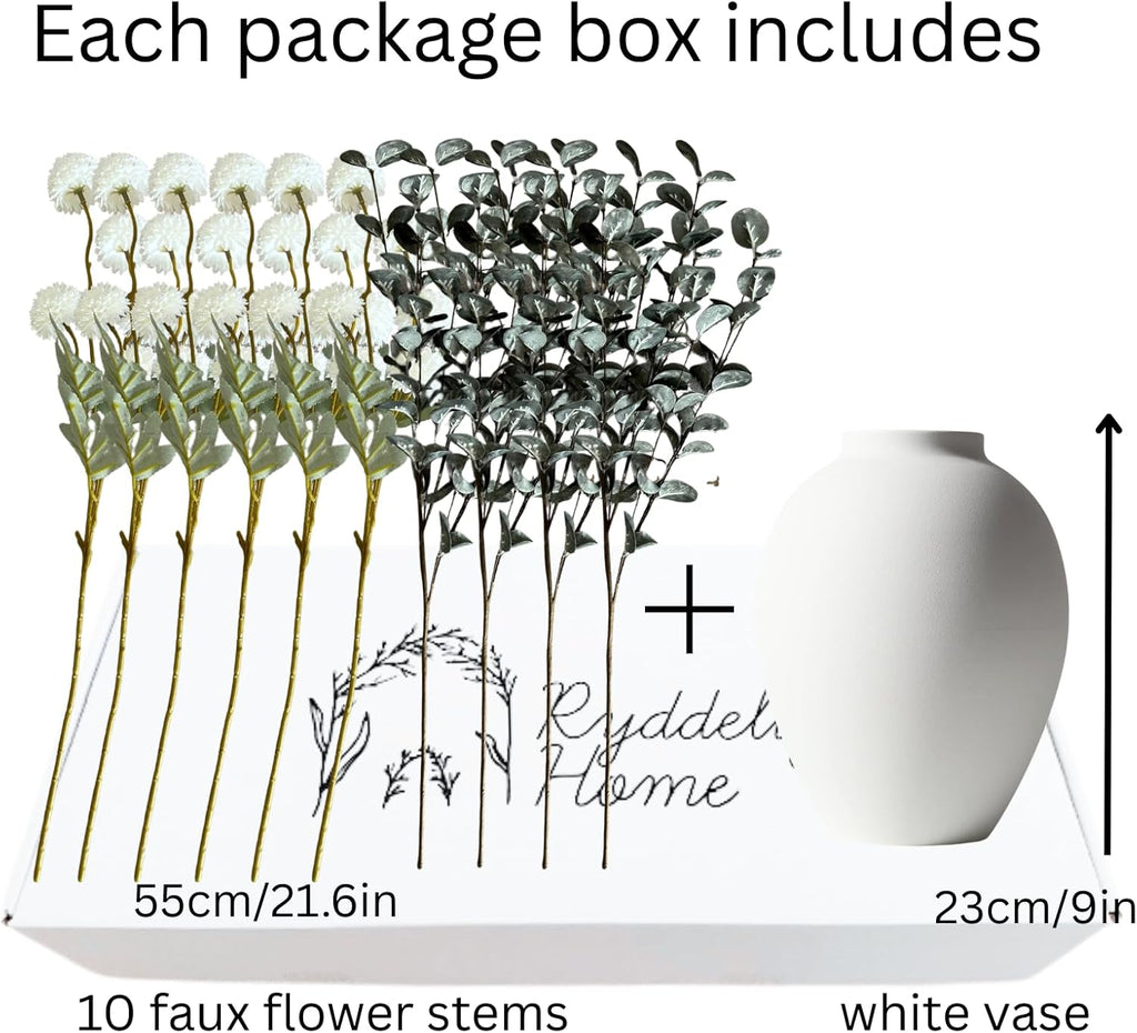 White Artificial Flowers & Greenery With Vase, Faux Floral Arrangement Centerpiece for Dining Table, Realistic Silk