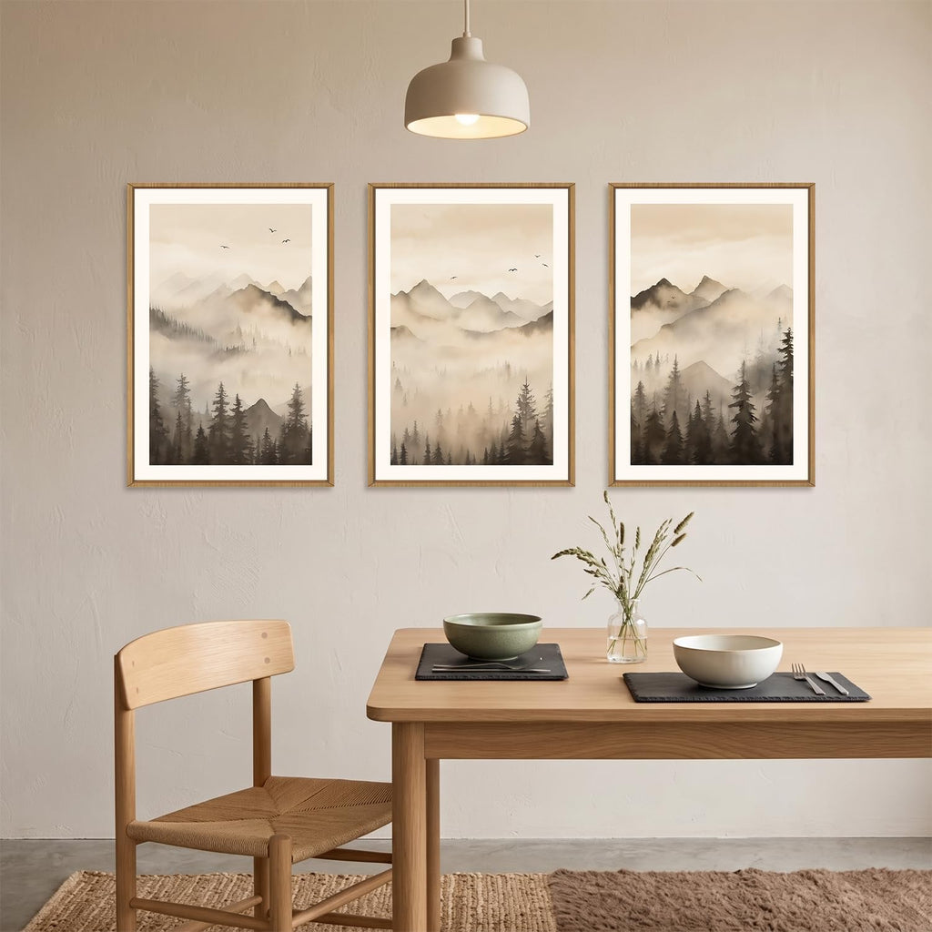 Neutral Misty Mountain Forest Framed Canvas Wall Art-16"x24"x3