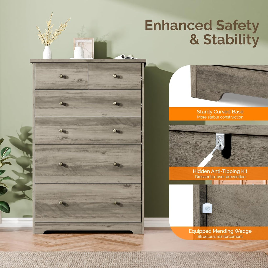 Tall Dresser, Rustic Grey Dresser 6 Drawer Chest of Drawers, Wood Gray Dressers , 31.5" W x 15.75" D x 47.64" H