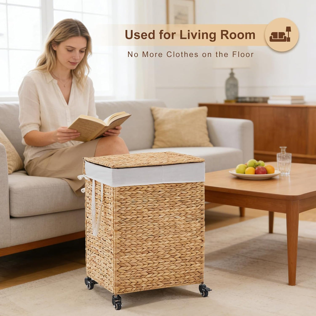 2-Section Laundry Hamper with Lid, Large Capacity Woven Natural Water Hyacinth Laundry Sorter with Removable Liners