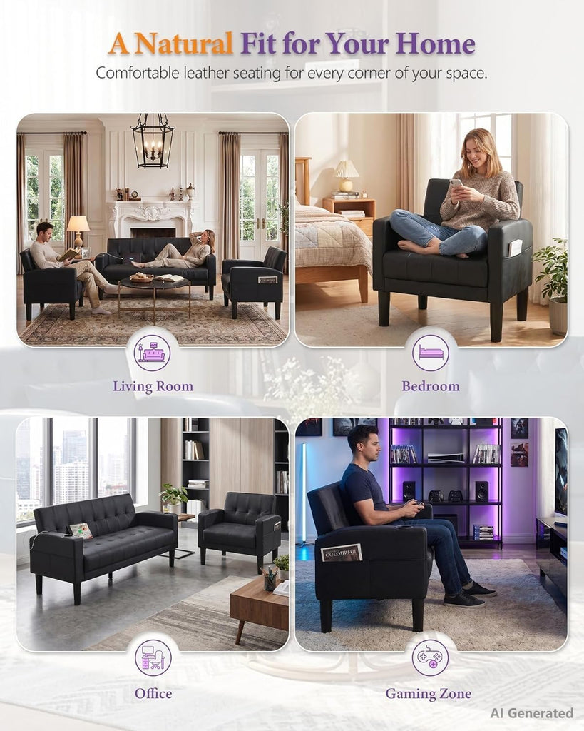 Sofa Couch, Living Room Furniture Sectional Sofa Sets 3 Pcs, Tufted Mid-Century Loveseat w/USB, Cupholders & Comfy