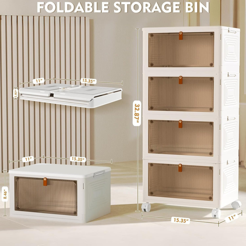 4 Tier Plastic Storage Bins with Lid 23QT, Stackable Storage Bins | Plastic Storage Bins with Wheels, Folding Storage