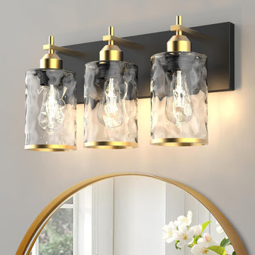 3-Light Bathroom Vanity Light Fixtures, Modern Bathroom Lighting Fixtures Over Mirror with Golden Wave Glass