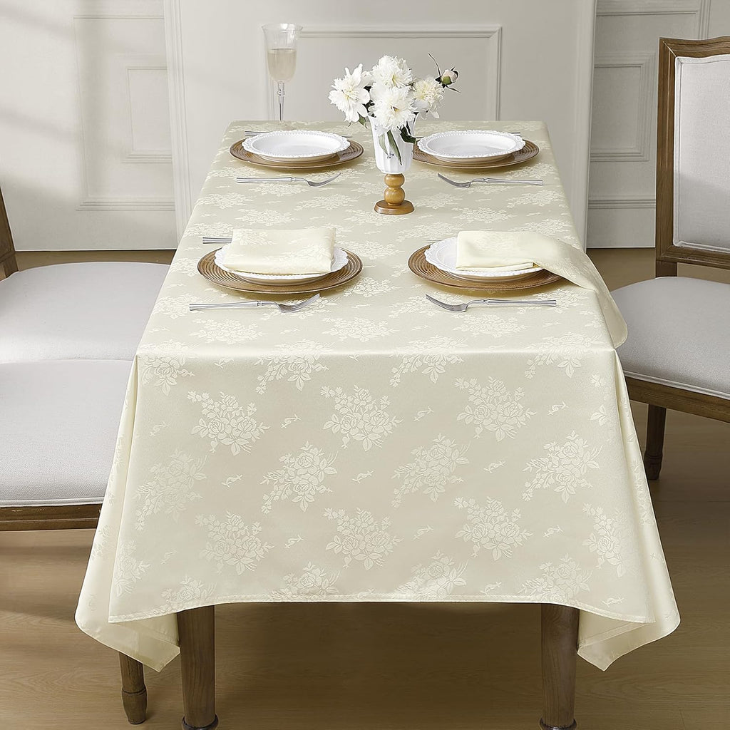 Jacquard Rectangle Tablecloth, Waterproof Elegant Damask Rose Floral Pattern Table Cloth, Washable D