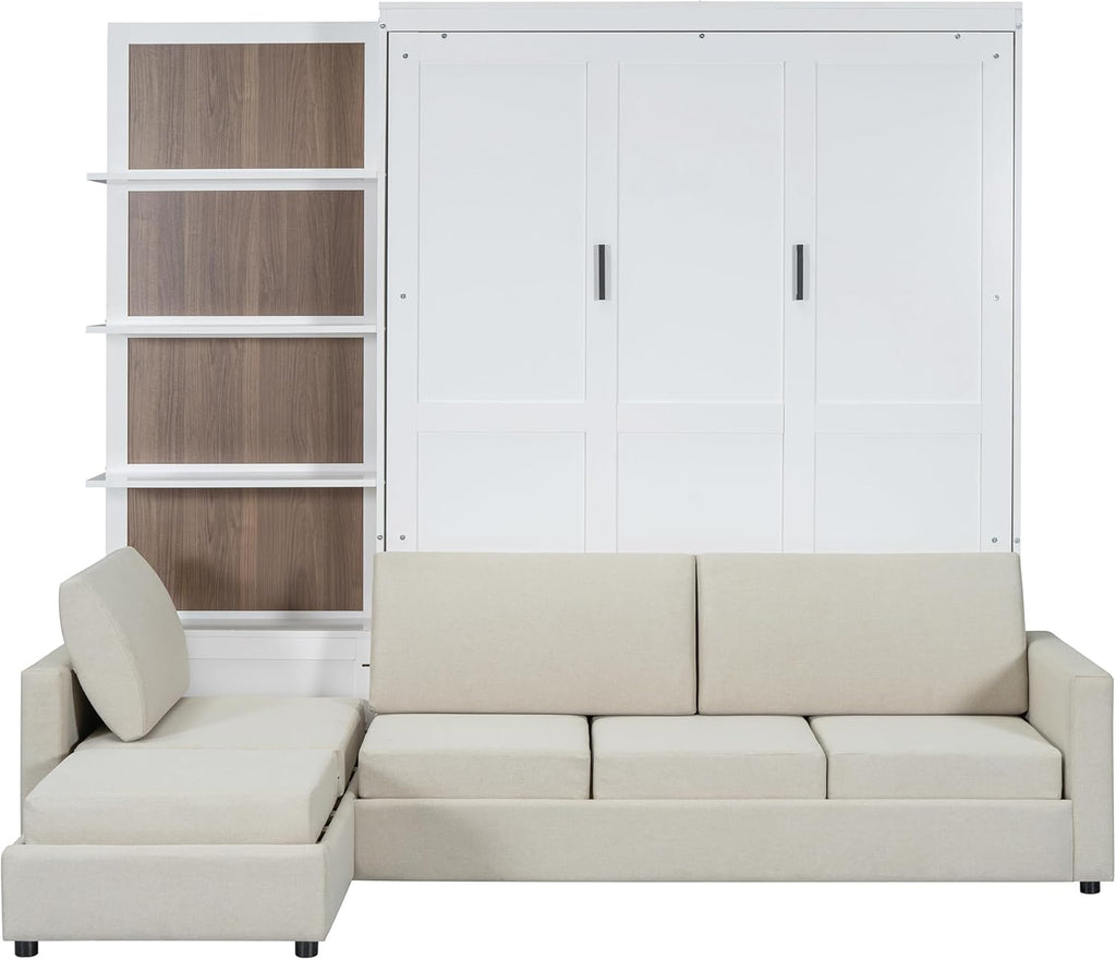 Queen Murphy Bed, Wood Queen Wall Bed with Sofa and Shelves, White