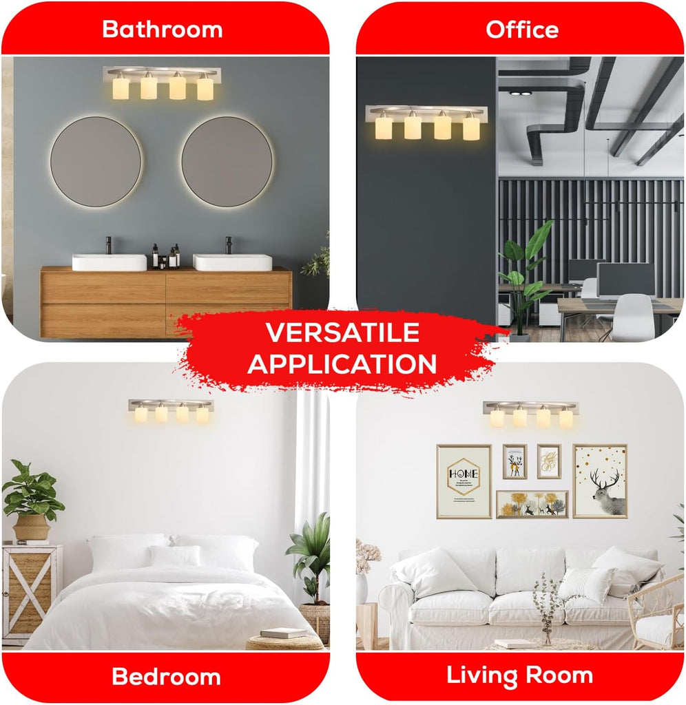 4-Light Bathroom Vanity Bar Light Fixture - Brushed Nickel | Modern Frosted glass shades with E26 socket. Matte Wall