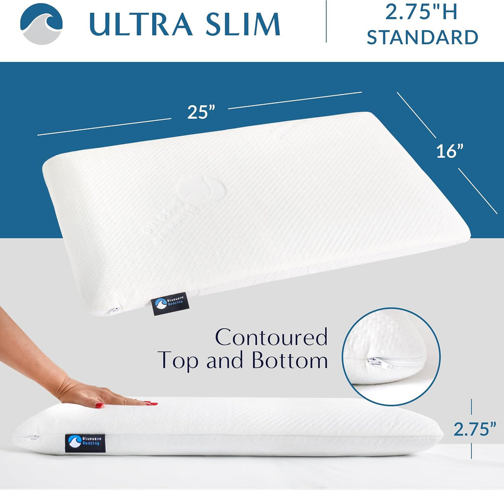 Ultra Slim Gel Memory Foam Pillow for Stomach and Back Sleepers - Thin, Flat Design for Cervical Neck Alignment and