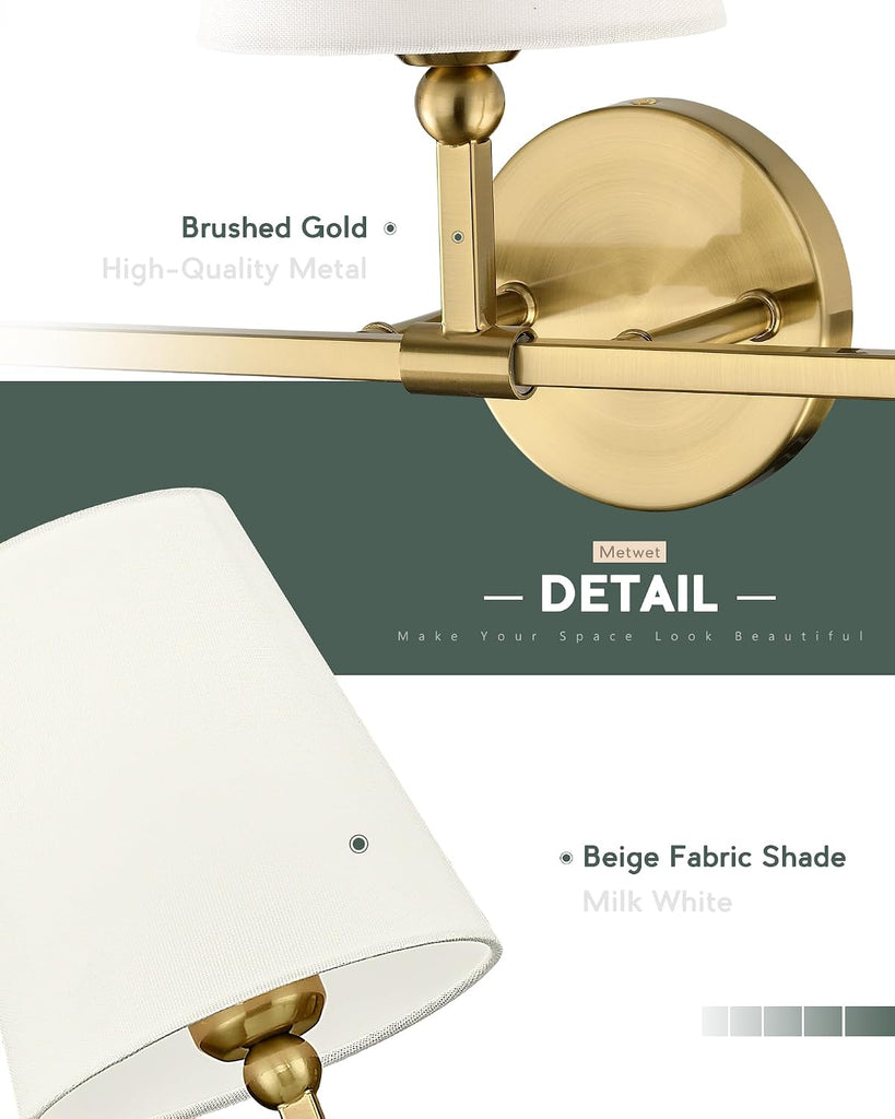 3-Light Brushed Gold Bathroom Vanity Light, Beige Fabric Shades | 24.5" bathroom light fixtures over mirror, upward
