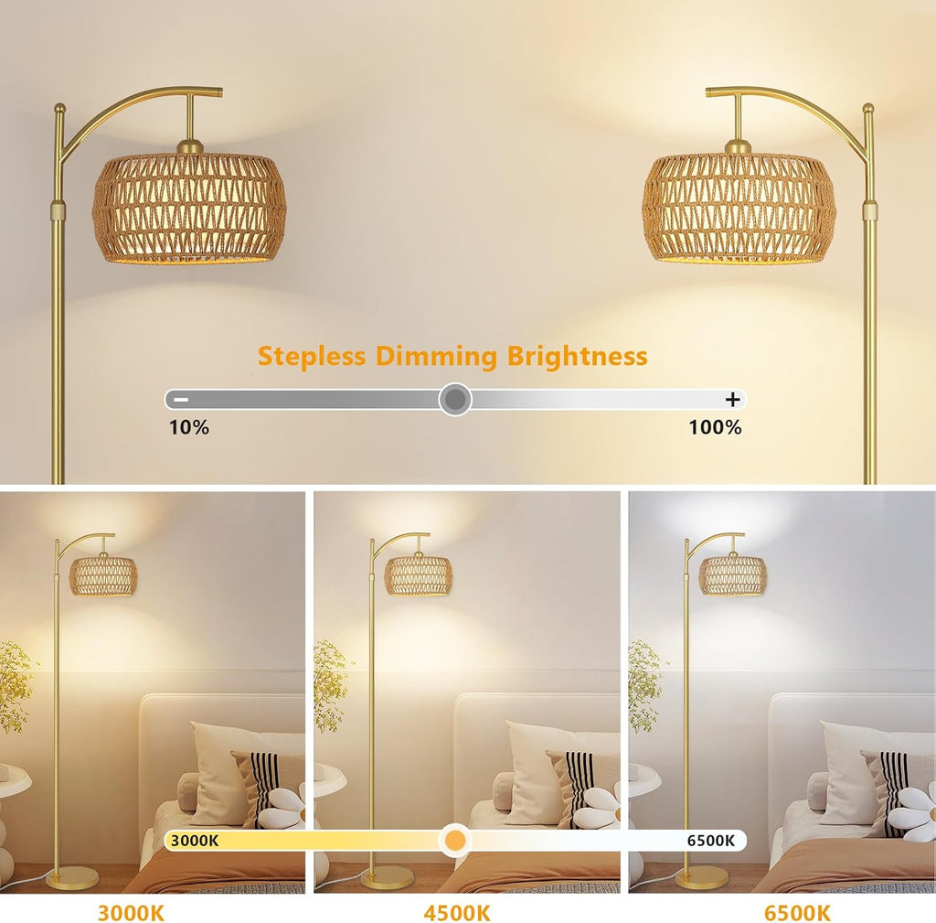 Arc Floor Lamp with 3 Color Temperatures, LED Gold Floor Lamp with Remote & Stepless Dimmable Bulb