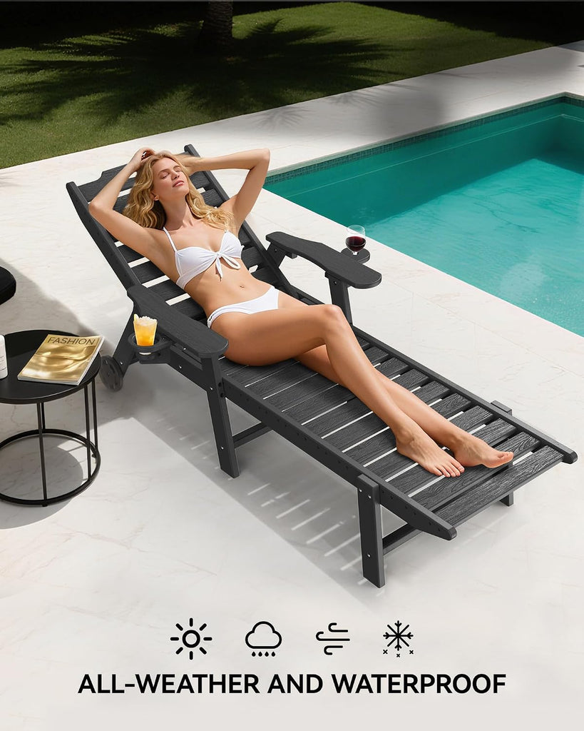 Lounge Chair Outdoor, HDPE Chaise Lounge with Wheels, 5-Position Adjustable Backrest & 2 Cup Holders Patio Lounge