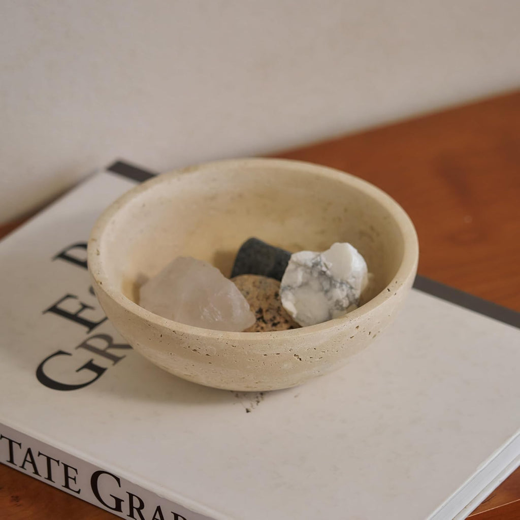Travertine Bowl, 6" Natural Stone Decorative Bowls Table, Catchall Tray for Keys & Jewelry, Fruit Bowls Counter