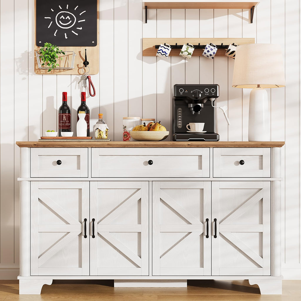 Farmhouse Buffet Cabinet with Storage, 55 Inch White Sideboard Buffet Cabinet with Adjustable Shelves & 3 Drawers